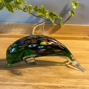 Dolphin green multicolored hand blown glass millefiori paperweight art glass